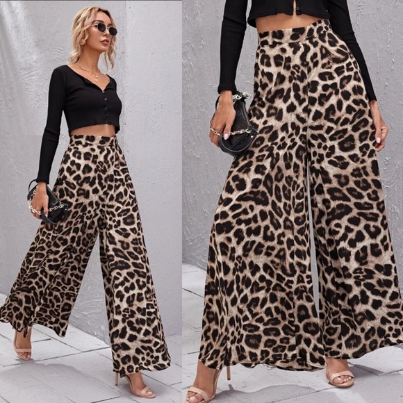 Pants - Leopard Print Wide Leg Pants